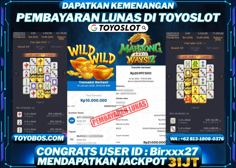 TOYOSLOT - BUKTI KEMENANGAN Mahjong Ways 2 Rp31,000,000,- LUNAS